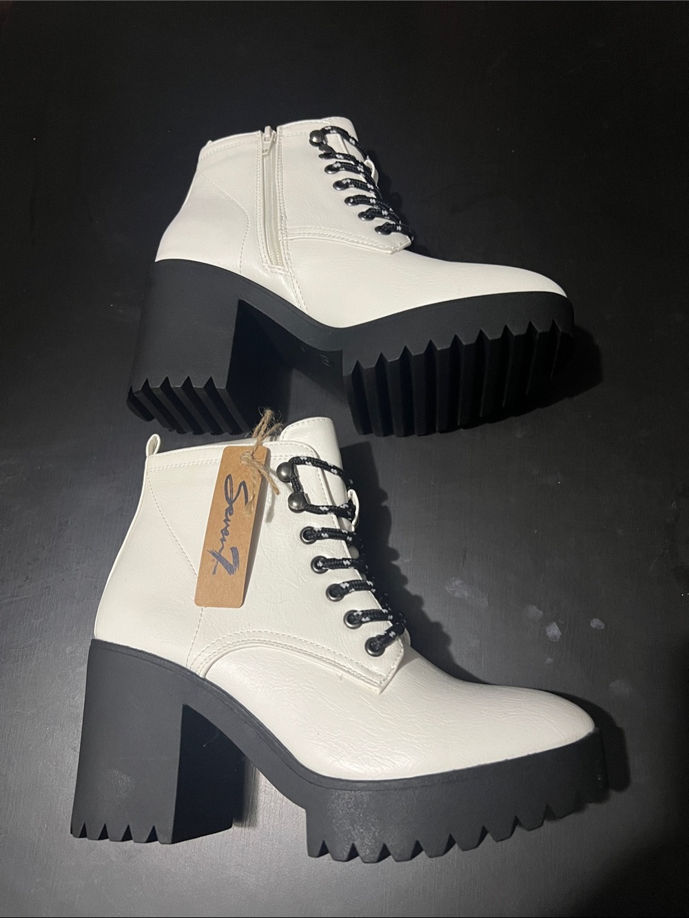 Seven7 White Lace-Up Combat Style Platform Ankle Boots with Black/White Laces